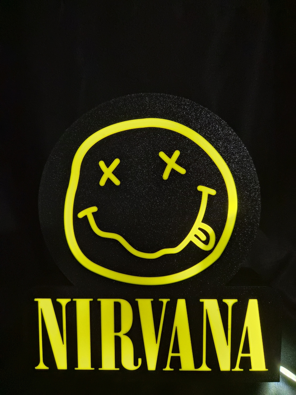 NIRVANA Black Sign with Neon Yellow Smiley Logo